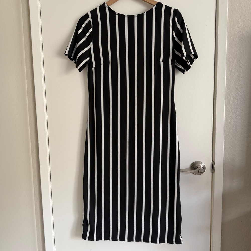 Womens Black White Vertical Stripe Short Sleeve Midi Sheath Dress Whimsygoth